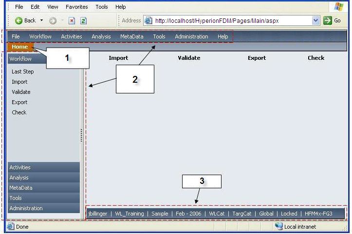 The image shows the Web client desktop with the locations and descriptions of the main areas described in the text following the image.
